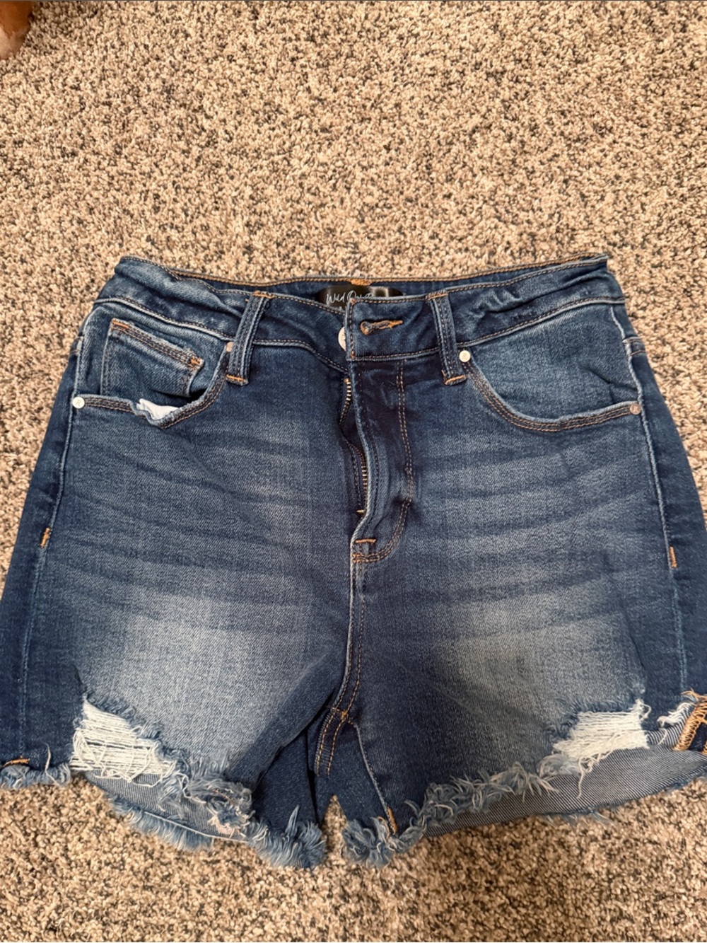 High-Rise Frayed Hem Blue Denim Jean Shorts